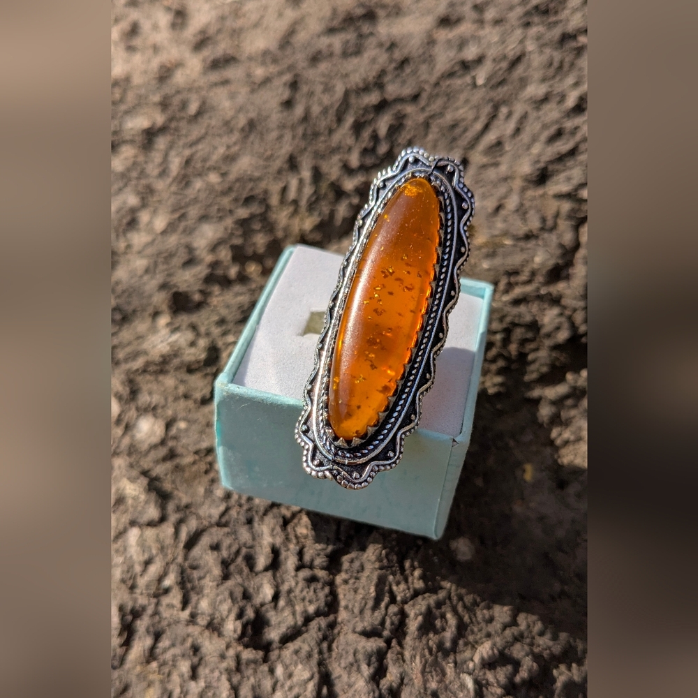 Handcrafted Ladies Golden Amber Full Finger Ring (6.25) - Picture 2 of 13